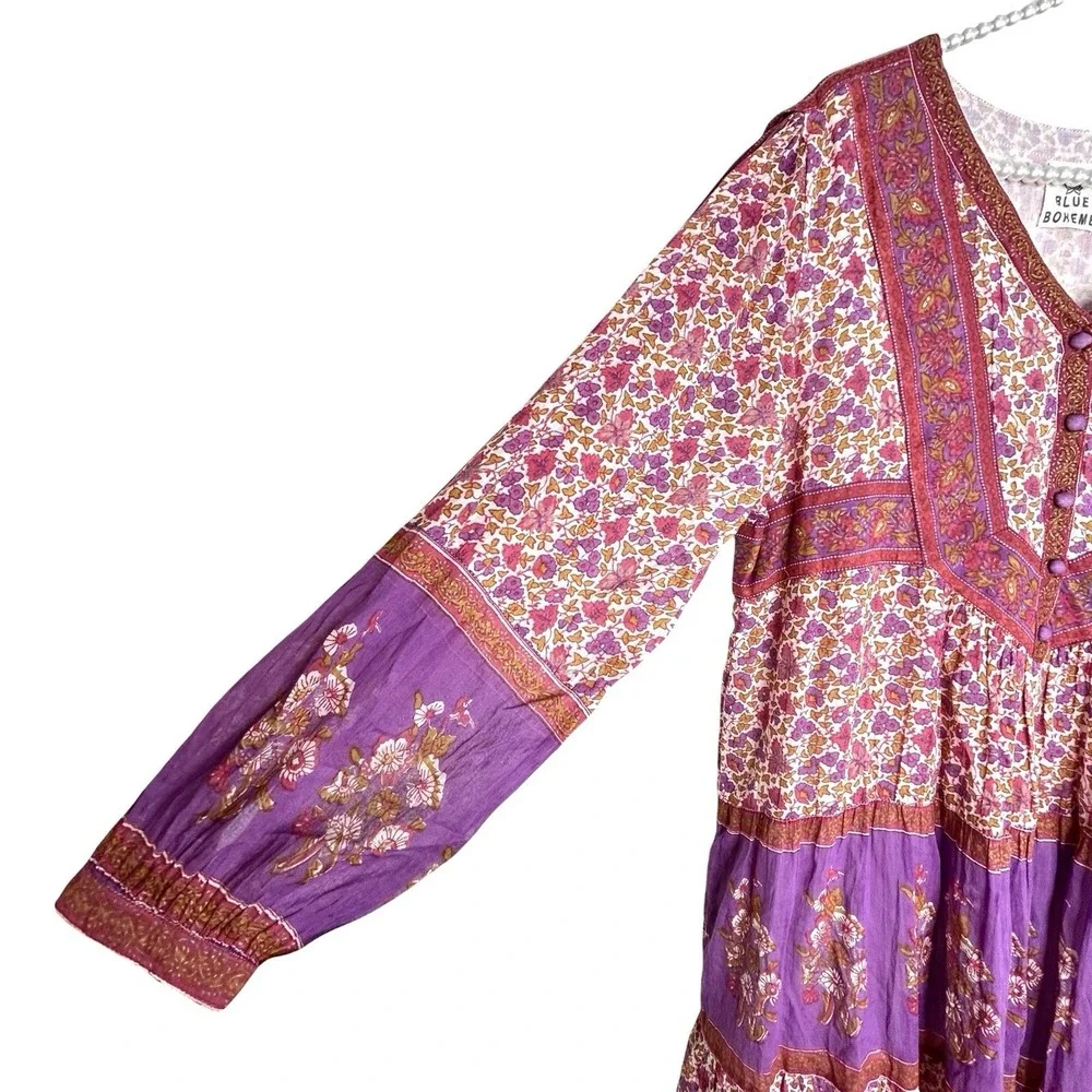 Blue Boheme Boho Peasant Dress M/L Indie Cottage Floral Festival Midi Romantic - Picture 6 of 11